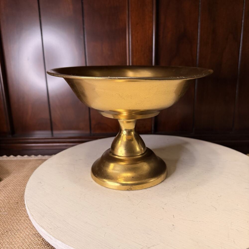 Vintage Style Brass Pedestal Fruit Compote Bowl Planter Dish 6x8.25” Round